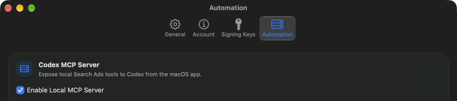 SearchAds Manager Settings with Automation selected and Enable Local MCP Server checked