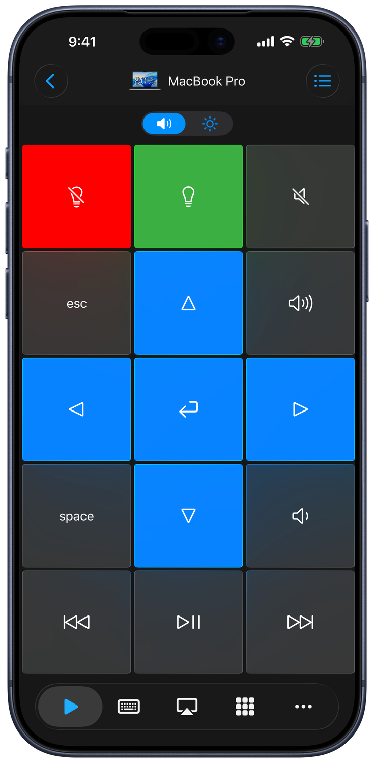 Remote Mouse & Keyboard showing media controls on an iPhone
