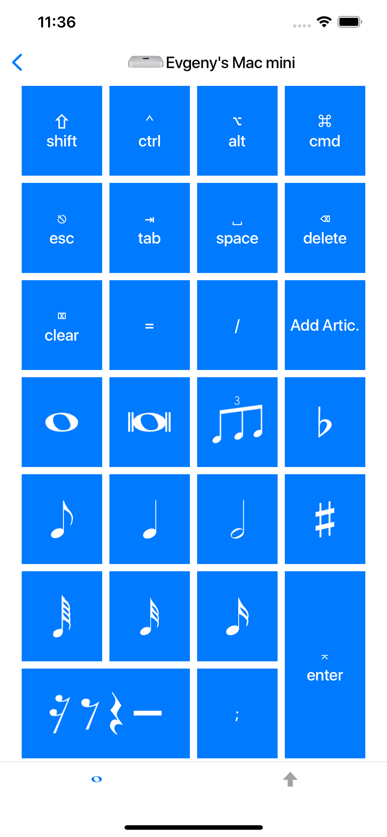 Finale KeyPad showing music notation shortcuts on an iPhone
