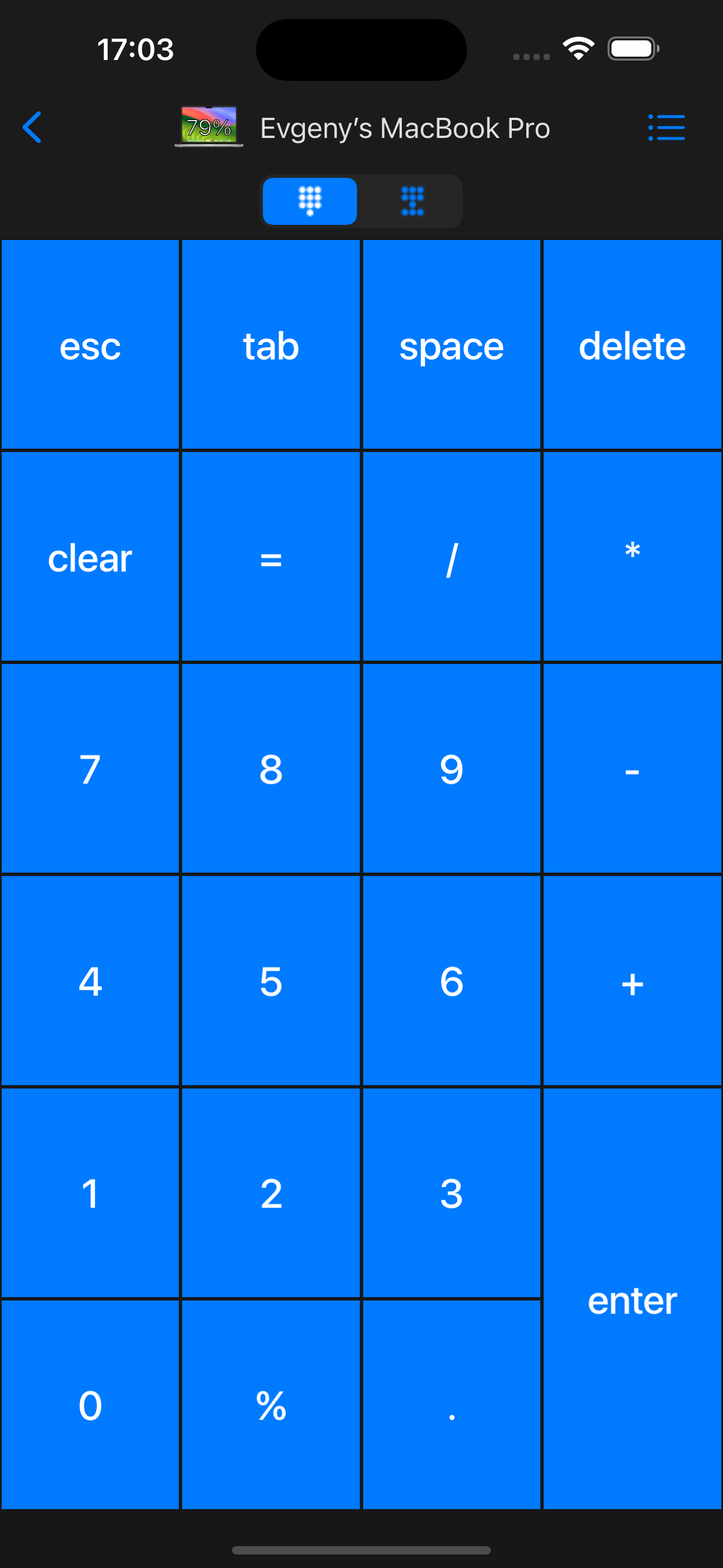Remote KeyPad & NumPad showing number pad controls on an iPhone