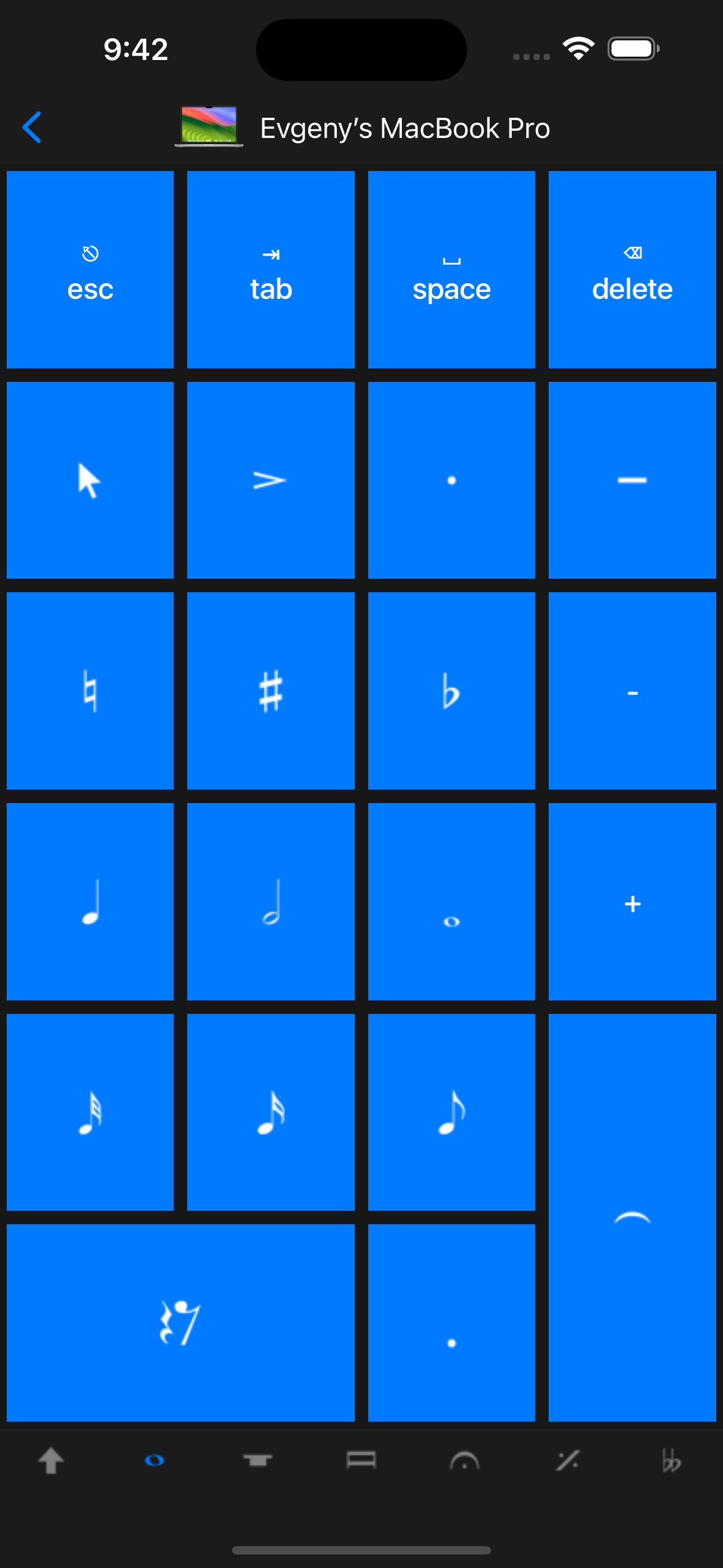 Sibelius KeyPad showing music notation controls on an iPhone